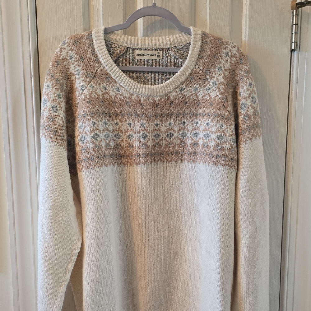 MUTUAL WEAVE BRAND MEN'S BIG & TALL WHITE AND TAN PULLOVER CREWNECK SWEATER XXL